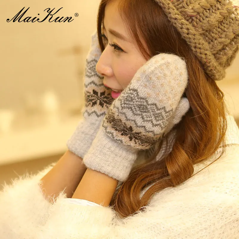 Maikun New Autumn And Wnter Gloves Ladies Double-Layer Plus Velvet Thick Warm Knitted Bag Finger gloves