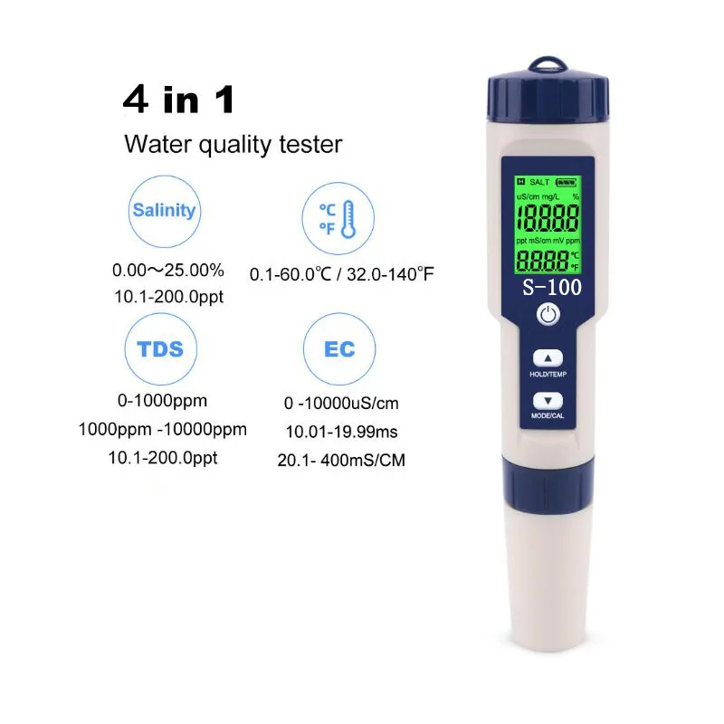 

YenvQee 5 in 1 Salt/EC/TDS/PH /TEMP Meter Salt Meter Salinity Tester Waterproof Saltmeter Salt Gauge Water Quality Measure Tool