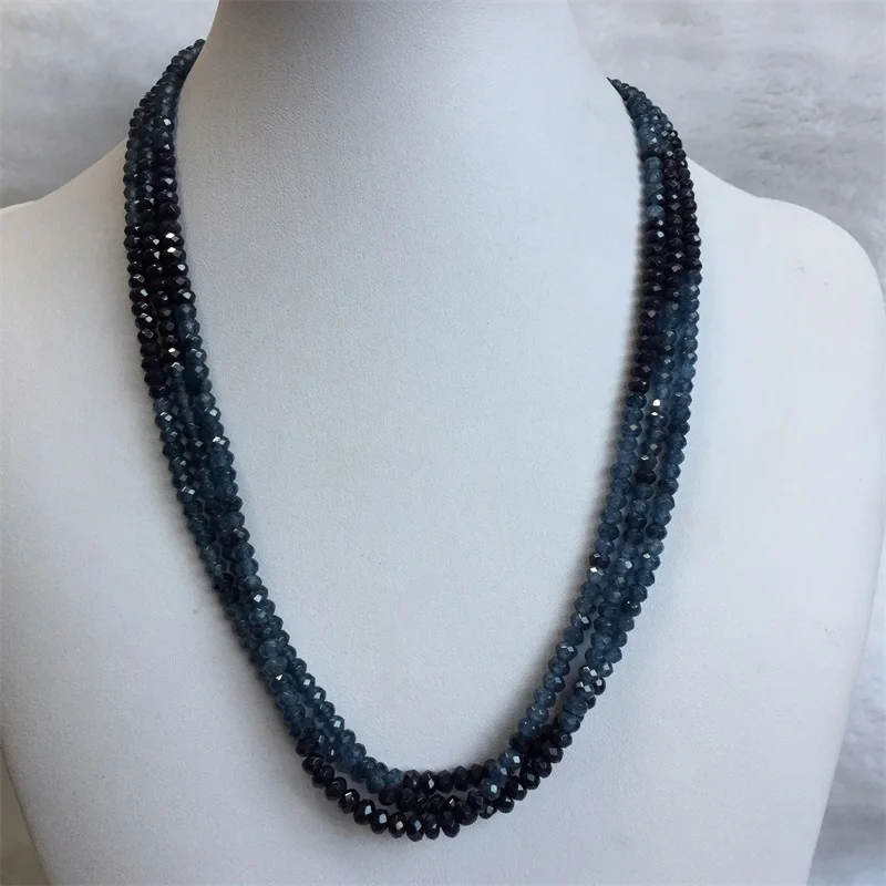 Double Blue Sapphire Chain Necklace for Women Natural Faceted Jade Stone Beads Choker Collares 3*4mm Abacus Gift Jewelry