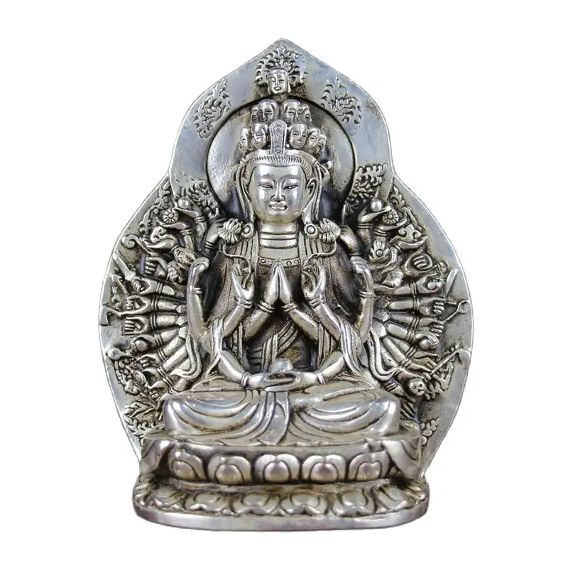 China Old Feng Shui Ornaments White Copper Silver Plating  Thousands Hands Guanyin Buddha Statue