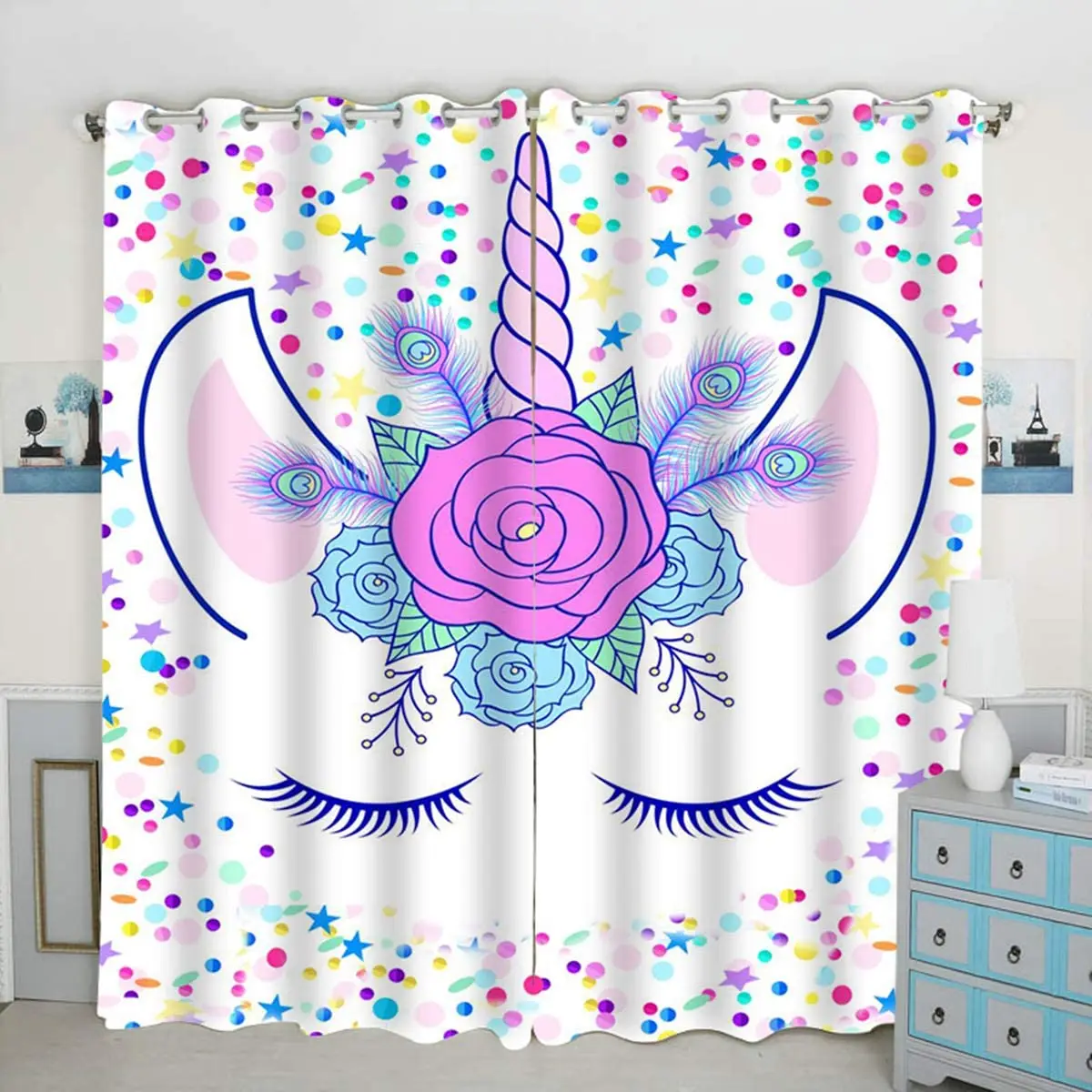 

Animal Curtains Flowers Unicorn and Stars Cute Window Curtain Panels Luxury Home Decor Curtains for Living Room