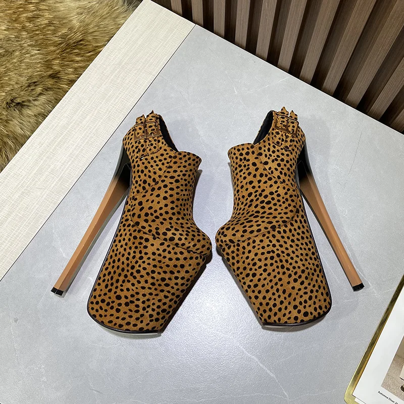 Brand 20cm Thin Heels Leopard Ankle Boots Platform Unisex botas mujer ladies Fetish Party SM Pumps Metal decoration Women Shoes