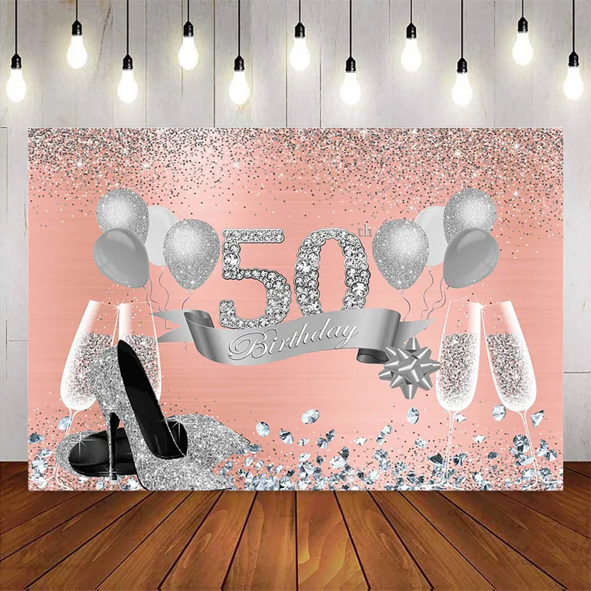 

Pink 50th Birthday party decoration background sliver glitter shiny fifty birthday background balloon High heels Champagne