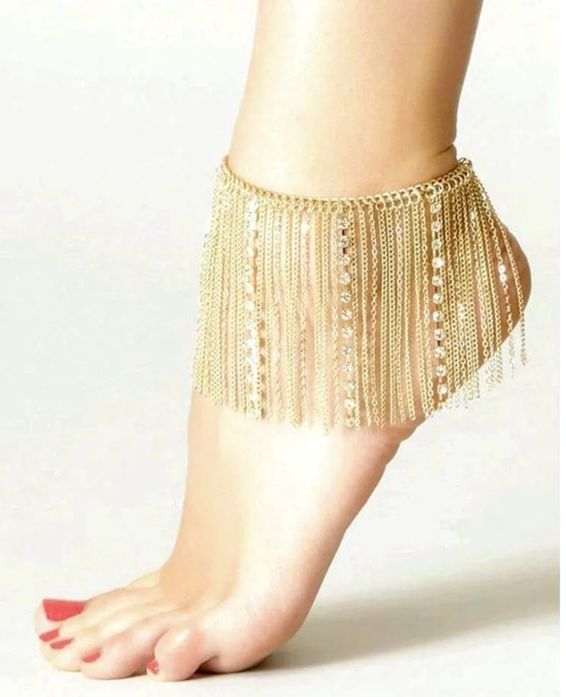 F0057 Tassel Rhinestone Chains Foot Anklet Jewelry Gold Silver Color Choose Fashion Women Accessories