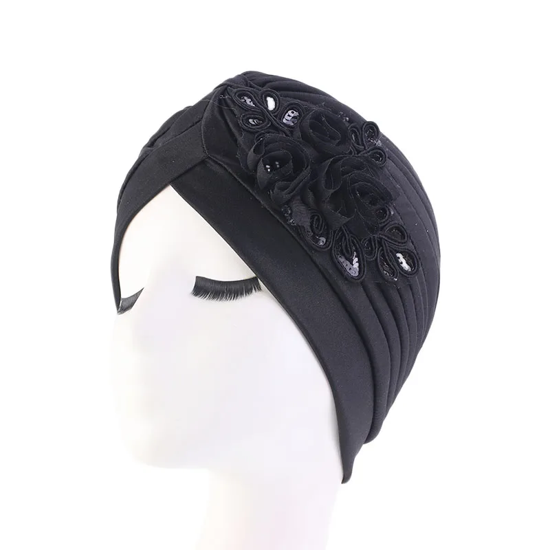 Flor decoração turbante para mulheres, monocromático, cabelo desgaste, cabeça wrap, headwear senhoras, câncer chapéus, Índia boné, bandana, nova moda