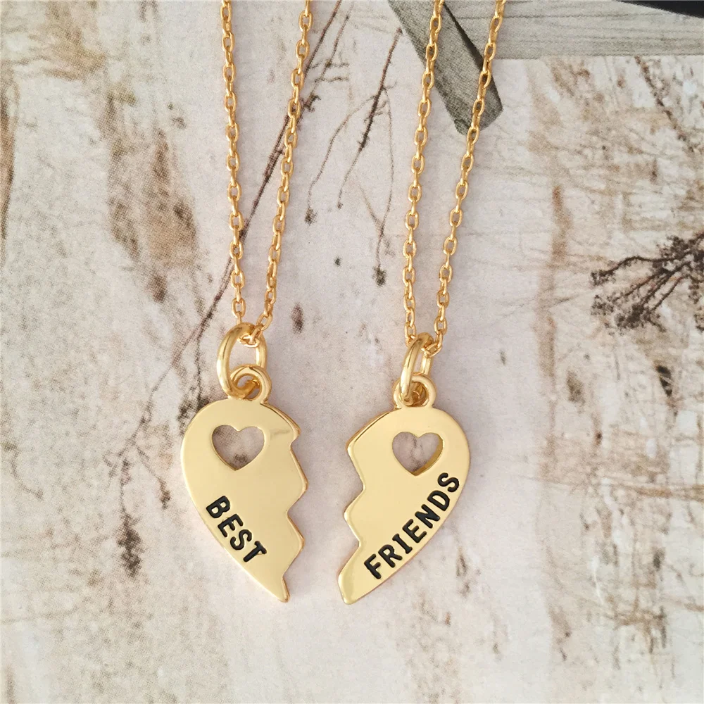 Lovely Gold Color Plating BEST FRIENDS with Heart Hollow Separate Charm Necklace For Women Girl Child Friendship Symbol Jewelry