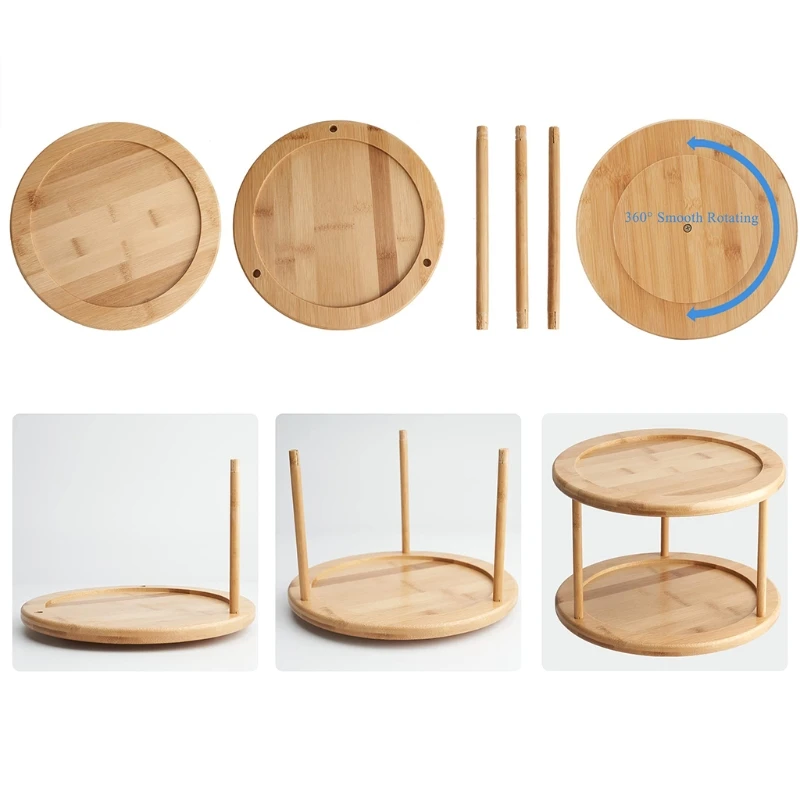 2 Layers 30cm Round Bamboo Turntable Tray 18cm Height Home Kitchen Rotating Storage Plate Bathroom Organization