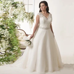 Jiayigong Cap Sleeve Plus Size Wedding Dress Robe De Mariee V-neck Sleeveless Beading Sashes Ball Gown Organza  Dresses