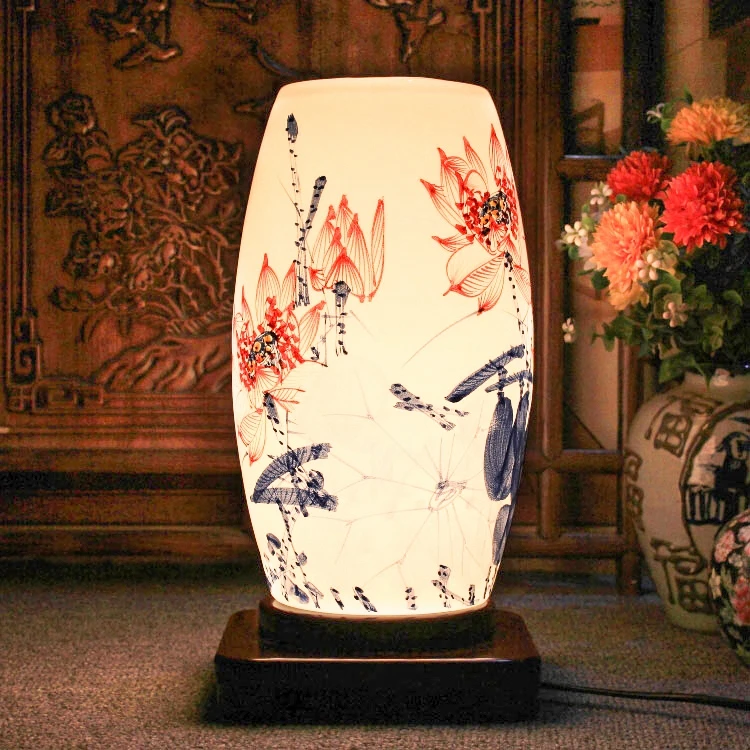 Chinese style hand painted cramic porcelain hotel bedside table lamps