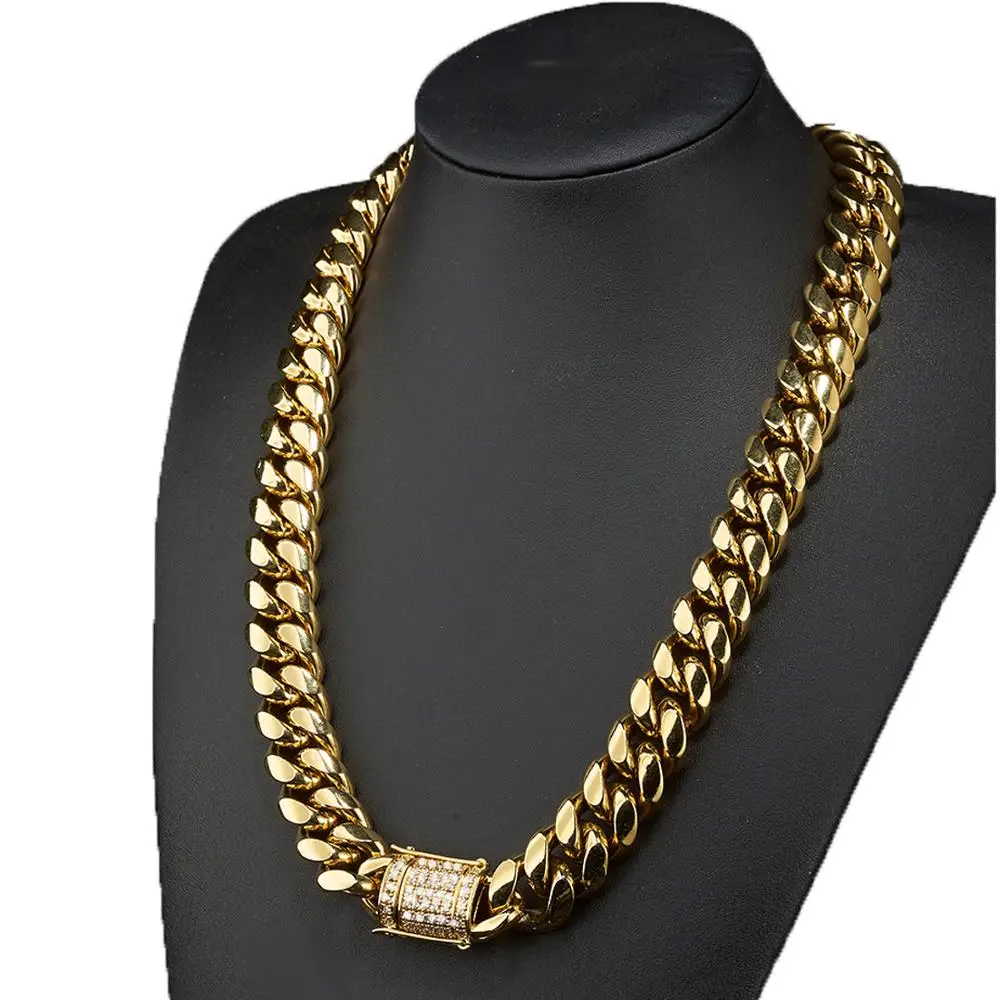 16mm wide Stainless Steel Cuban Miami Chain Necklaces White Zircon Box Lock Big Heavy Gold Chain for Men Hip Hop Rock jewelry