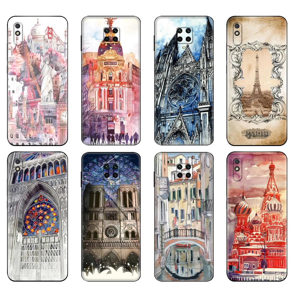 Black tpu Case For Xiaomi Redmi 7A 8 8A 9 9A 9C Case Redmi Note 8T 8 Pro T Note 9 9S 9 Pro Case World famous architectural art