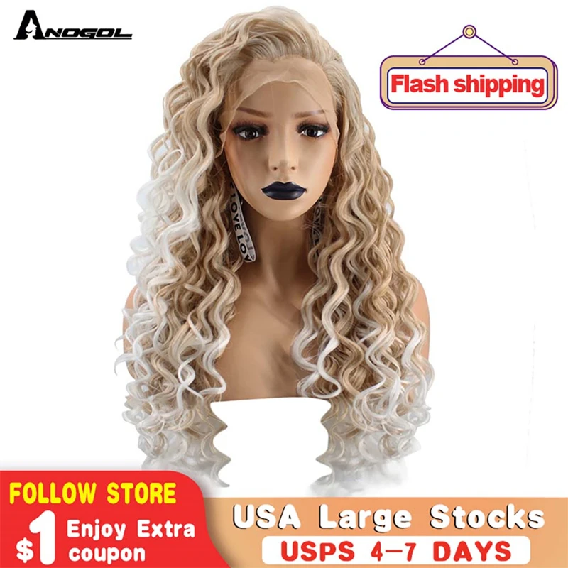 Anogol High Temperature Fiber Natural Long Kinky Curly Ombre Platinum Blonde Free Part Synthetic Lace Front Wig For Women