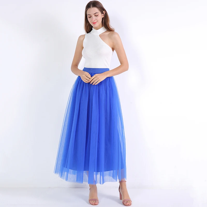 Vintage Tulle Skirt Women Elastic High Waist 3 Layers A-line Pleated Mesh Skirt Long Bride Tutu Skirts Female Jupe Longue