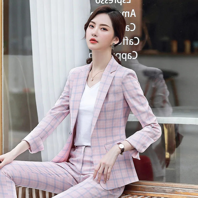 

IZICFLY Autumn Spring Style Pink Plaid Womens Suits Blazer With Pants Business Slim Office Outfits Work Wear 2 Piece Set Trouser