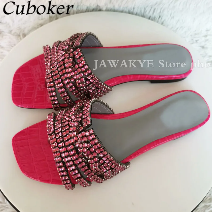 Brand Sexy Flip Flops Rhinestone Women Slippers Square Toe Flat With Crystal Ladies Slides Summer Runway Dress Beach Shoe Women