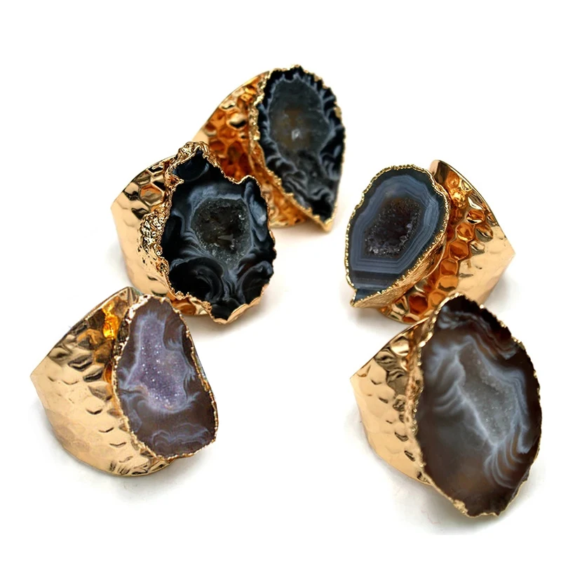 Anillo de ágata en bruto brasileño, anillos ajustables de piedra drusa Irregular, Color primario chapado en oro