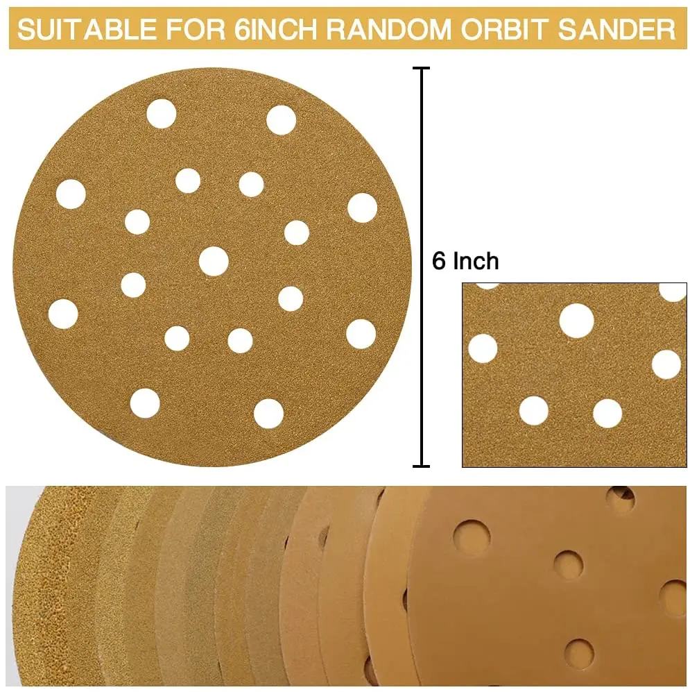 50Pcs 6 Inch 17 Hole Sanding Disc 60-2000 Grit Hook and Loop Wet Dry Sandpaper for Festool Random Orbit Sanders Woodworking