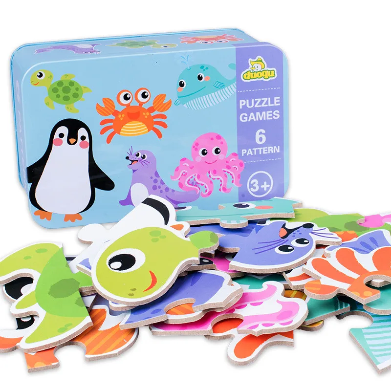 Baby Puzzle Toys Games Iron Box Cartoon 3D Animals Wooden Puzzle For Children Montessori Early Educational Toys Gifts For Kids - Image 5