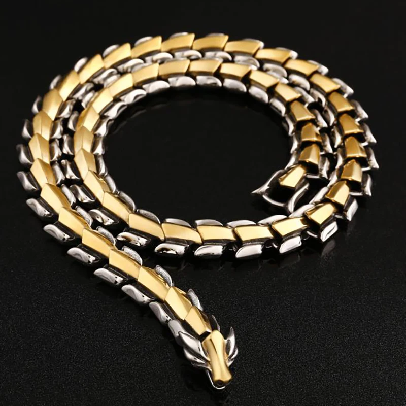 15mm Punk Gold Color Dragon Chain Necklace Bracelet Men Women Hiphop Rock Retro Black Stainless Steel Bike Biker Choker Jewelry