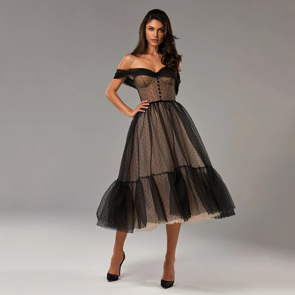 Yipeisha Vintage Thee Lengte Cocktail Jurken Off-Schouder A Black Prom Gown Dot Tulle Korte Homecoming Dress Robe De soiree