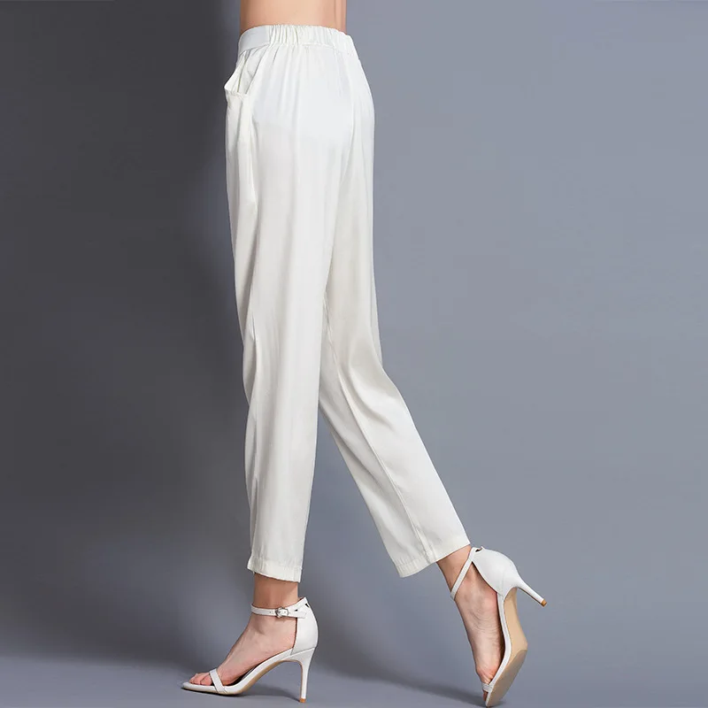 100% Silk Pants Women Simple Design Solid Elastic Waist Pockets Harem Trousers New Fashion Europe and American Style