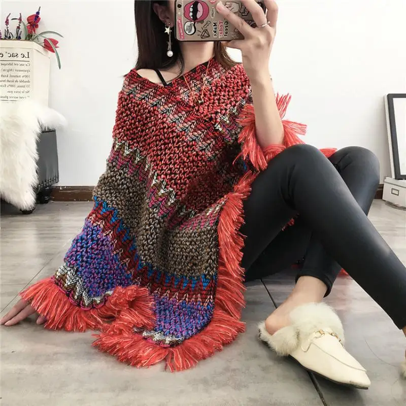 Swyivy Knit Poncho Womens Tassel Pullover Cloak 2020 Autumn New Red Bohemian Female Ponchos Capes Comfortable