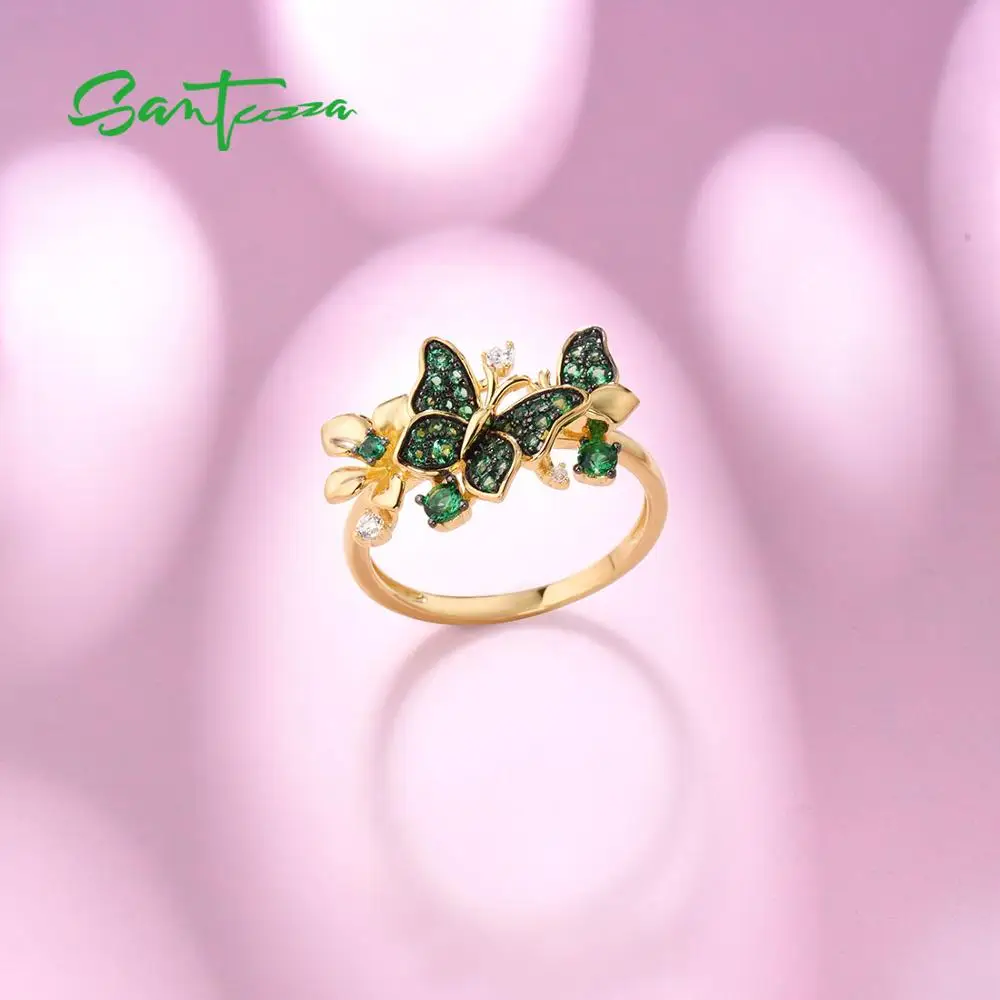SANTUZZA Silver Ring For Women 925 Sterling Silver Butterfly Gold Color Shiny Green Spinel Elegant Trendy Party Fine Jewelry 4