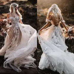 보헤미안 맞춤형 웨딩 드레스 신부 가운 오프 어깨 섹시한 백 레이스 Appliqued 라인 비치 Boho 신부 드레스