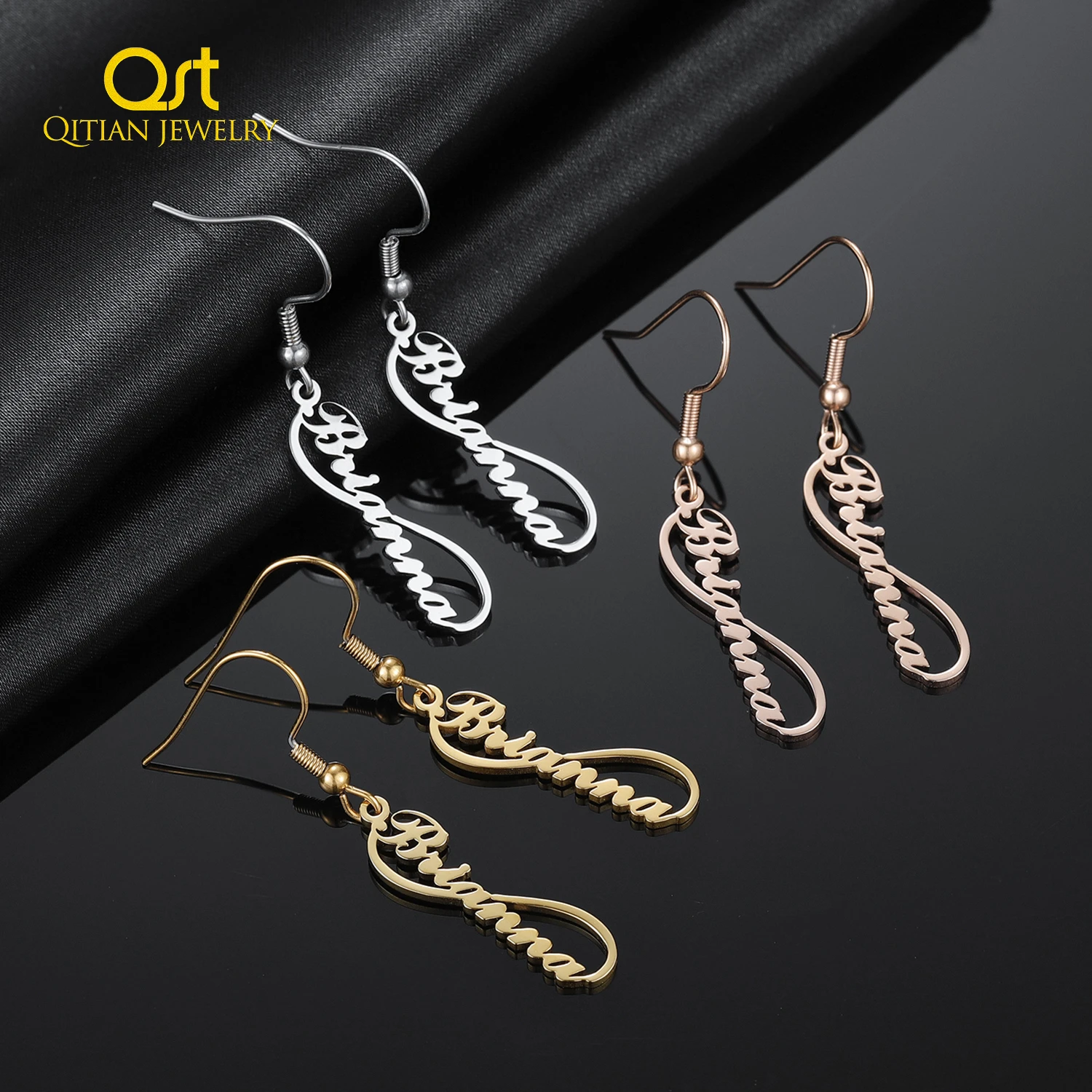 

Qitian Personalized Name Earrings Custom Name Plate Earring Infinity Drop Earrings Name Dangle Earrings Gift For Women Girl Gift