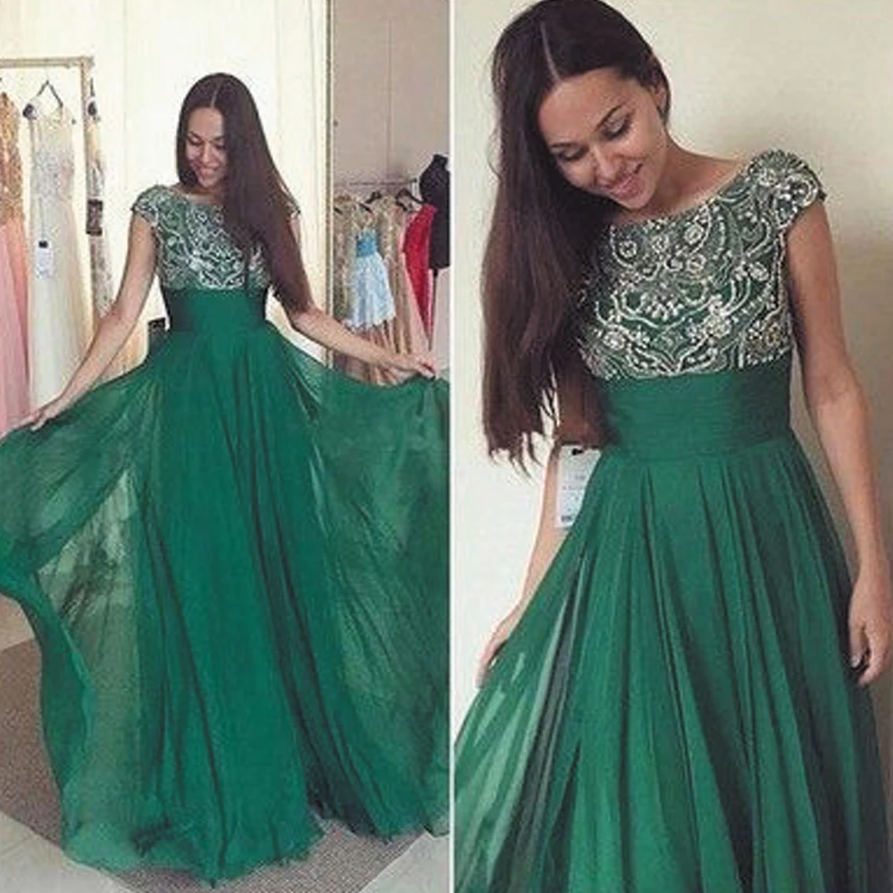 SuperKimJo Green Prom Dresses 2020 Short Sleeve Beaded Chiffon Elegant Simple Prom Gown 2021 Vestidos De Noite