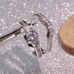 Huitan Double Stackable Set Rings for Women Silver Color 2Pcs Wedding Ring Shiny Cubic Zircon Anniversary Gift Statement Jewelry
