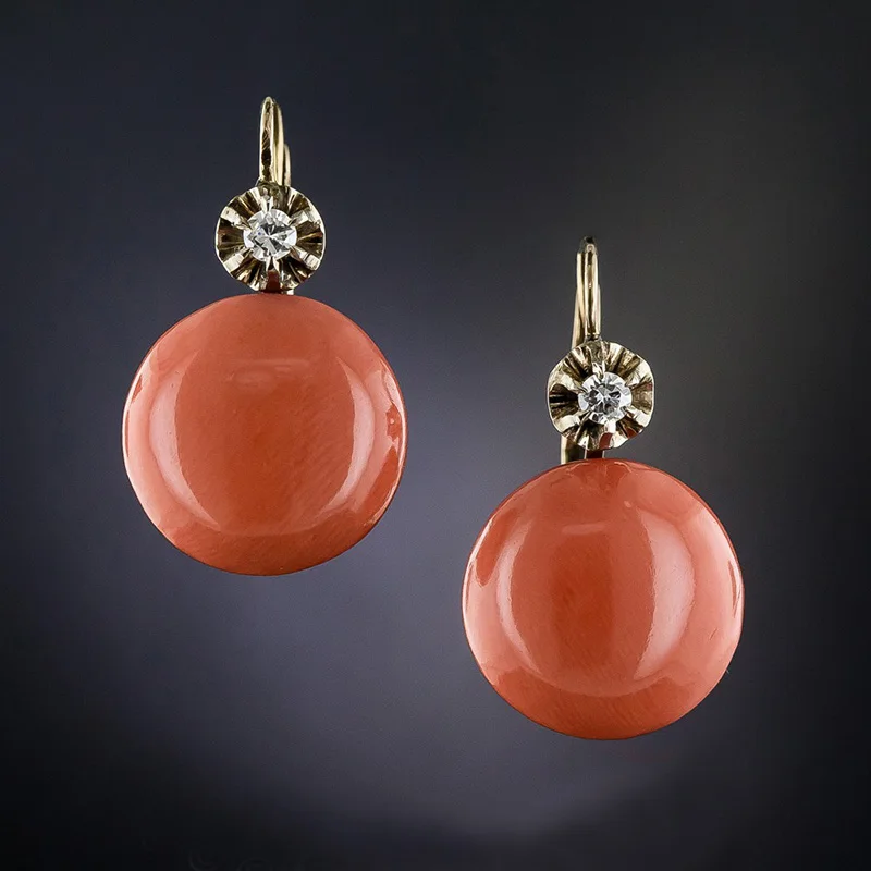 Banny Pink Tribal Delicate Round Orange Stone Stud Earring For Women Retro Coral Color Ear Fashion Jewelry