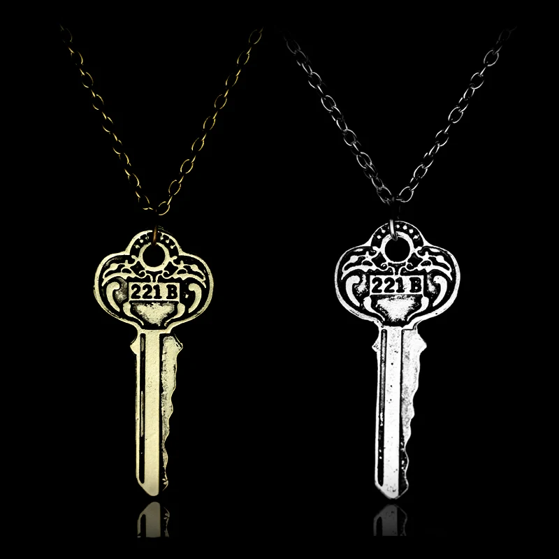 Sherlock 221b House Key Necklace Vintage Color Key Shape Pendant Necklaces For Women Men Fans Jewelry Cosplay Gifts Accessories