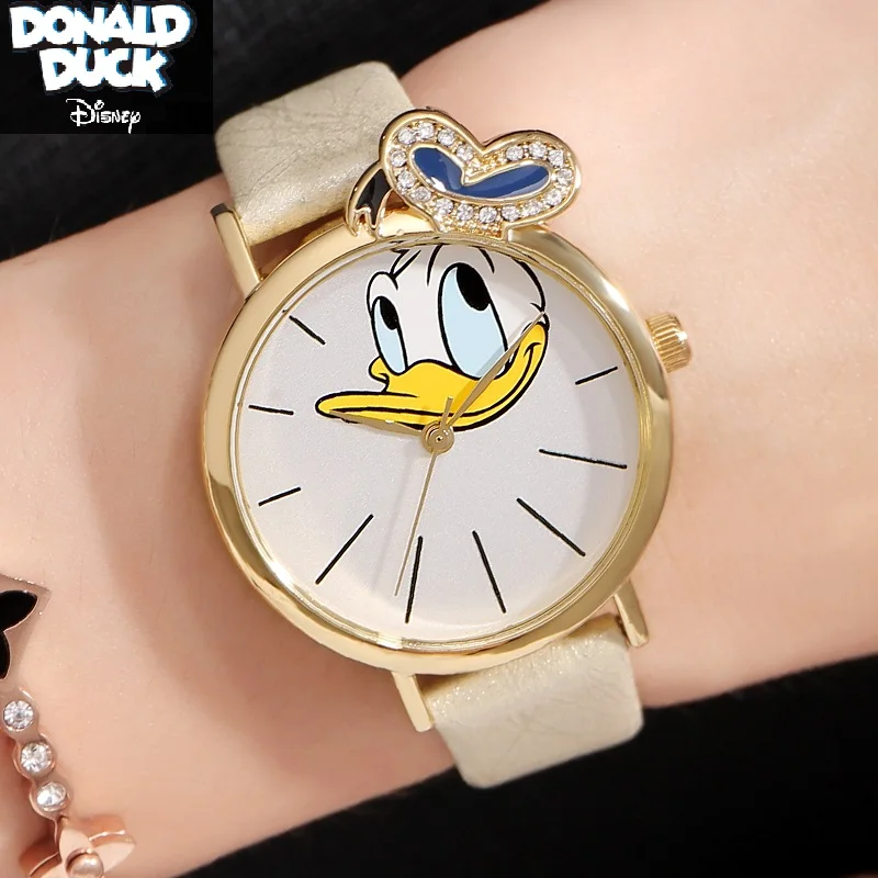 Disney Official Donald Duck Cartoon Lady Woman Fashion Casual Quartz Wristwatch Dazzeling Bling Rhinstone Cute Clock Waterproof