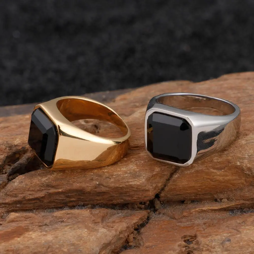 Fongten Curb Square Black Stone Ring Gold Silver Color Stainless Steel Big Punk Polished Finger Rings Couple Lover Wedding Rings