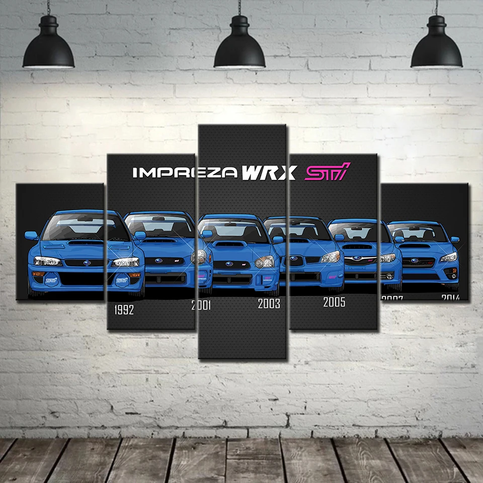 5 Panel Blue WRX STI Car Fashion Modular Wall Art Posters Canvas HD Printed Oil Paintings Pictures For Living Room Home Decor