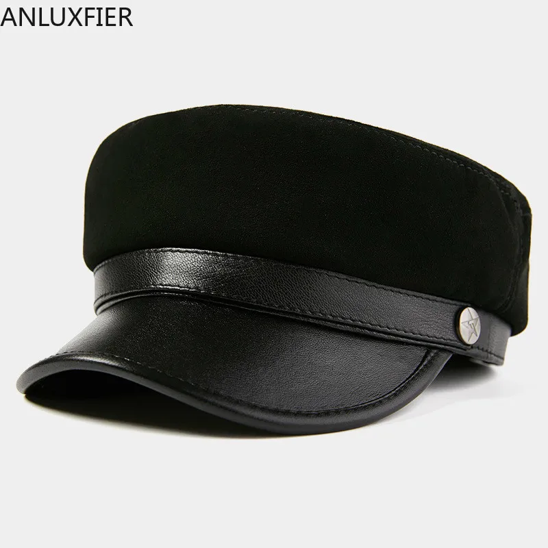 H7595 Fashion Sheepskin Military Hat Flat Top Young Students Navy Cap Men Women Genuine Leather Korean Warm Comfortable Caps