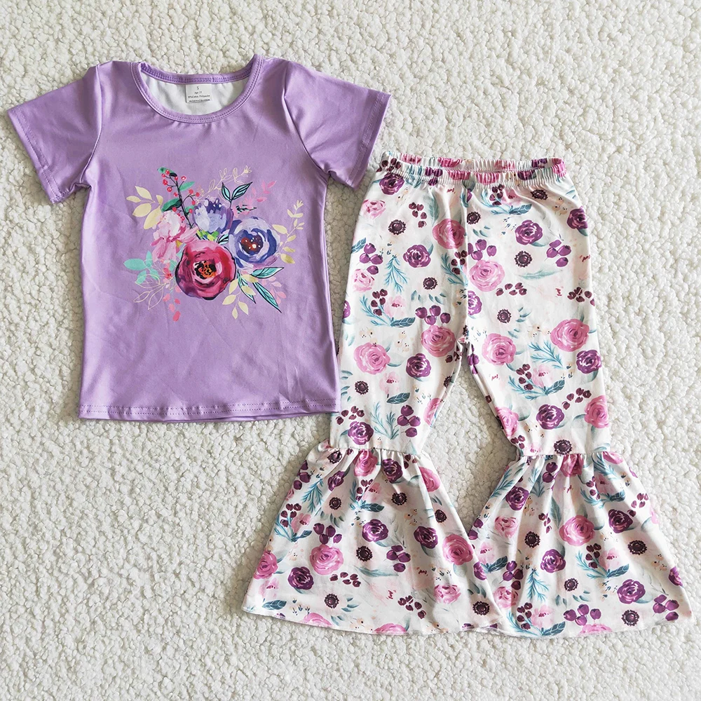 

New Fashion Toddler Baby Girl Clothes Short Sleeve Bell Bottom Pants Spring Summer Outfits Floral Boutique Kids Girls Clothing