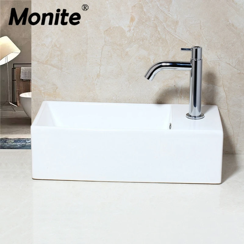 Monite Ceramic Bathroom Sink Pia WashBasin Countertop Short Chrome Brass Basin Faucet White Ceramic Basin Faucet Mixer Tap