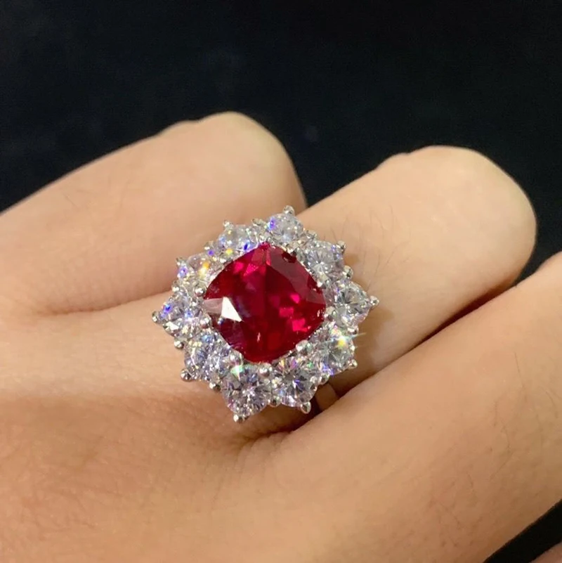 10K Gold ring Lab Created 3ct Ruby and 1.5ct Moissanite Diamond Ring With national certificate Ru-006