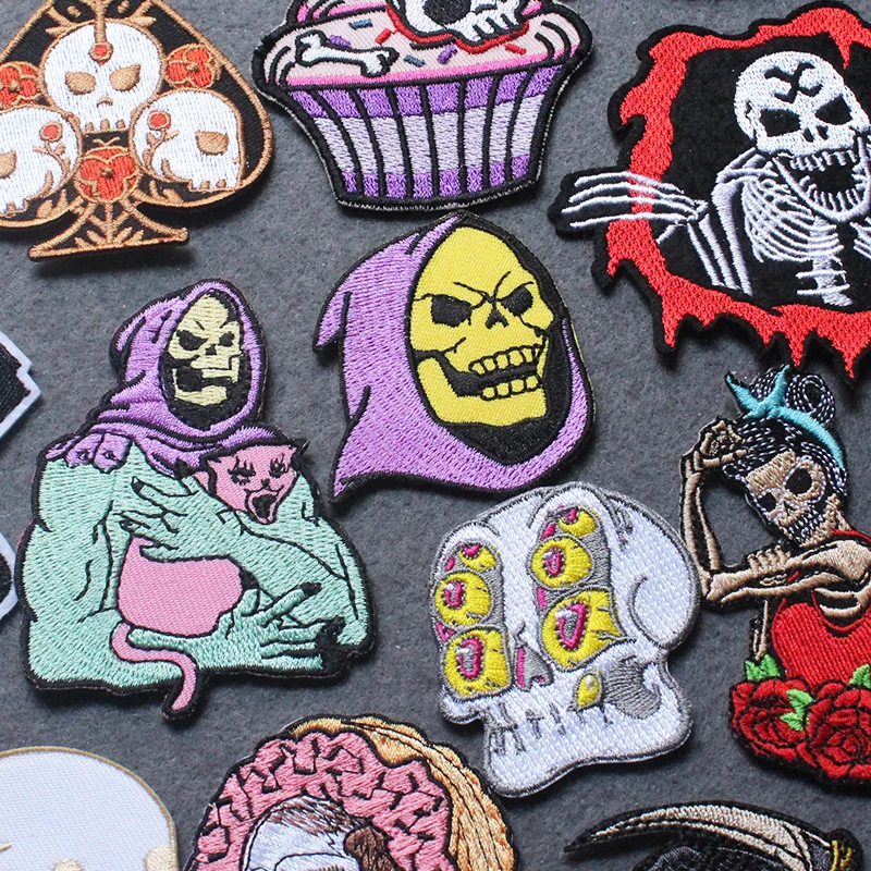 Punk Clothes Stripes Iron On Patch Skull Skeletor Patches On Clothes Embroidered Patch Grim Reaper Patches For Clothing Decor