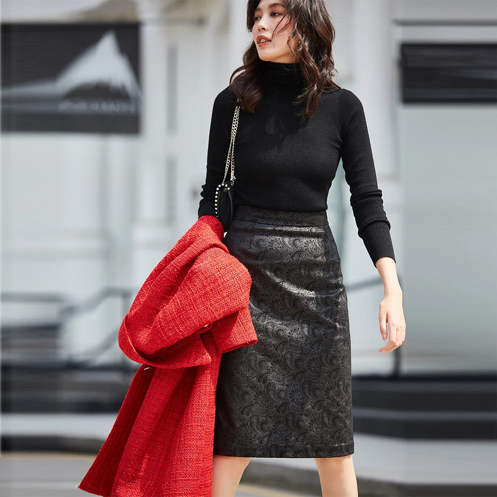 Spring and autumn skirt skirts women 2019 vintage black white high waist bodycon leather skirt Floral print long skirt for women