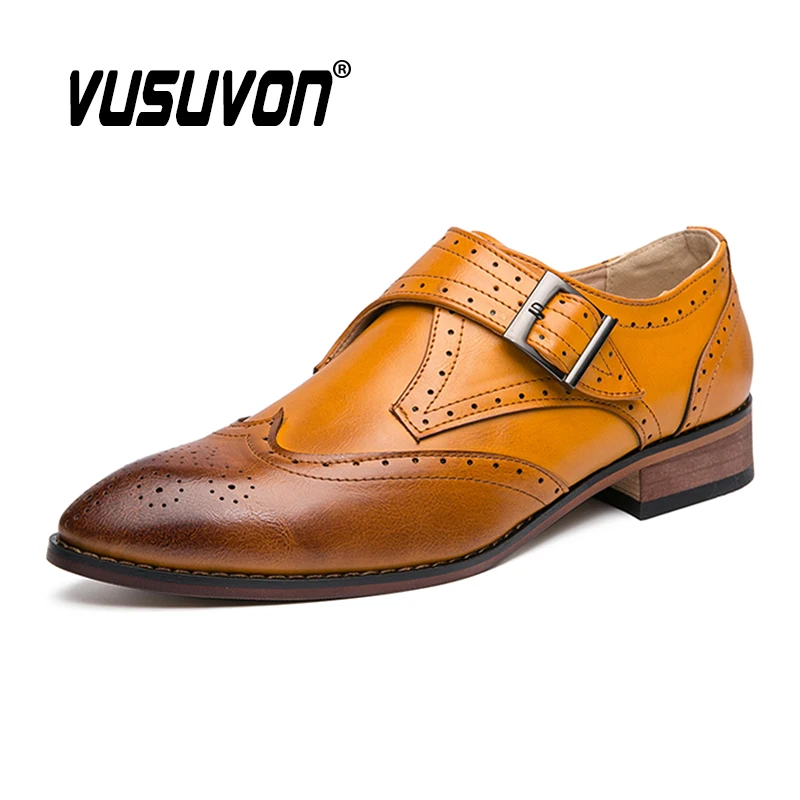 Brogue Shoes Men Loafers Slip On Men's Flats Italian Metal Buckle Wedding Dress Shoes Monk Strap Business British Leather Shoes