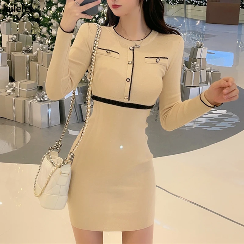 Button Bodycon O-Neck Short Sleeve Knitted Dress Women Elegant Party korean Fashion Office Lady Summer Sundress 2021 Robe Femme