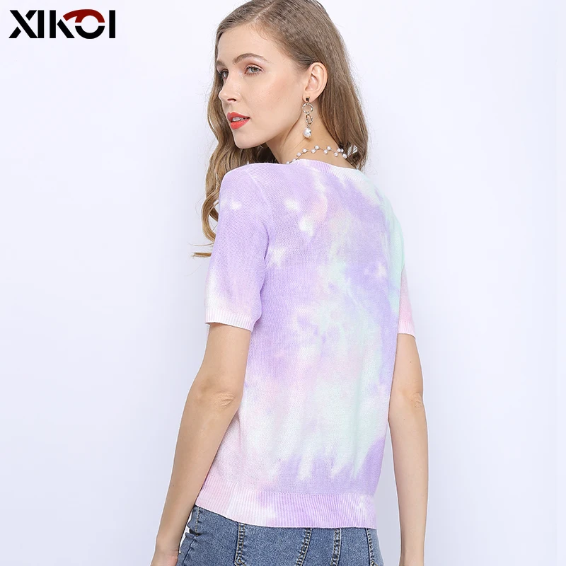 XIKOI Summer Women Oversized Purple T-shirt Knitted Short Sleeves O-neck Pullovers Jumper Computer Knitted Sweaters Multicolor