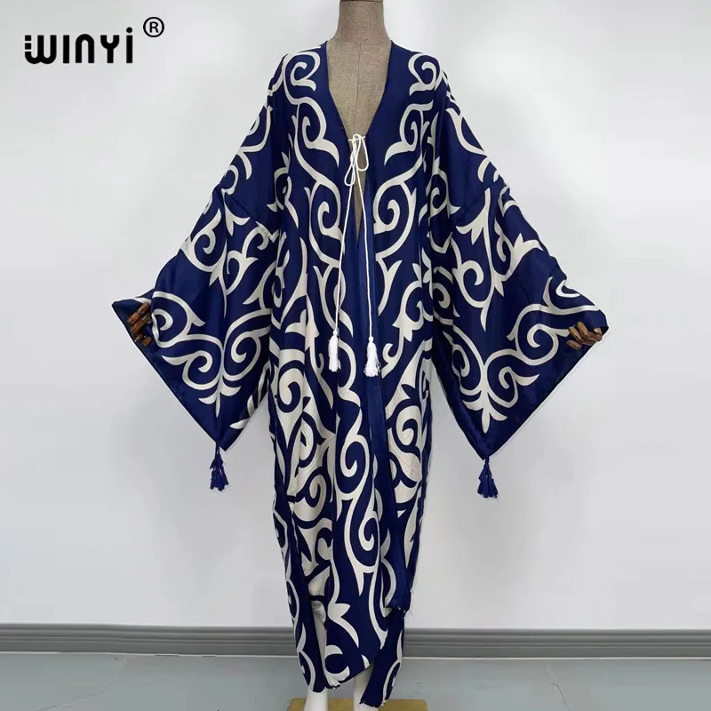 Osłona do Bikini-up traf bawełna słodka dama różowa Boho nadruk z wszytym paskiem przód otwarty długi Kimono sukienka tunika plażowa kobiety sukienki typu Wrap