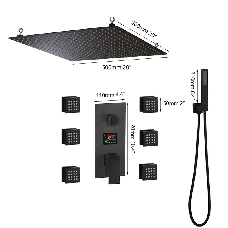 Imagem -02 - Zappo Preto Fosco 20 Polegada Banheira Chuveiro Mensagem Jatos Termostática Kit de Exibição Temperatura Chuvas Banheiro Chuveiro Mão Torneira Conjunto