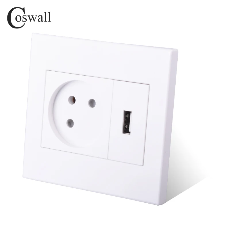 Coswall Simple Style PC Panel Israel Wall Socket Grounded With DC 5V 2A Output USB Charging Port White Color