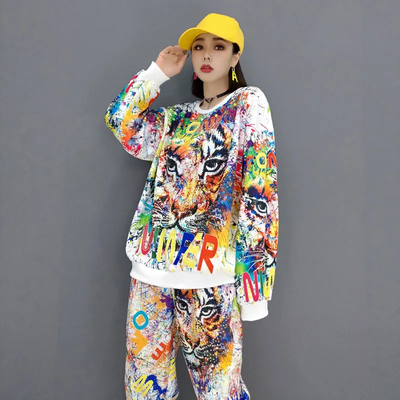 Spring and Autumn Cartoon Graffiti Tiger Tracksuit Women Two Piece Sets,Super Cool Printing Sweatshirt and Pants