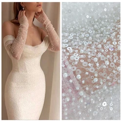 Luxury White Wedding Dress Lace Fabric Ivory Beading Tulle Lace Sequins Shiny Lace 1 Yard 2022